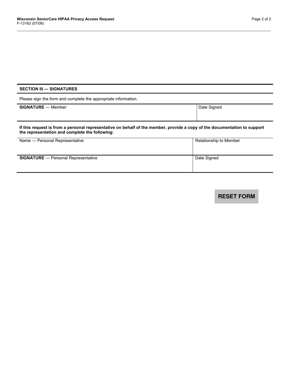 Form F-13162 HIPAA Privacy Access Request - Wisconsin Seniorcare - Wisconsin, Page 2