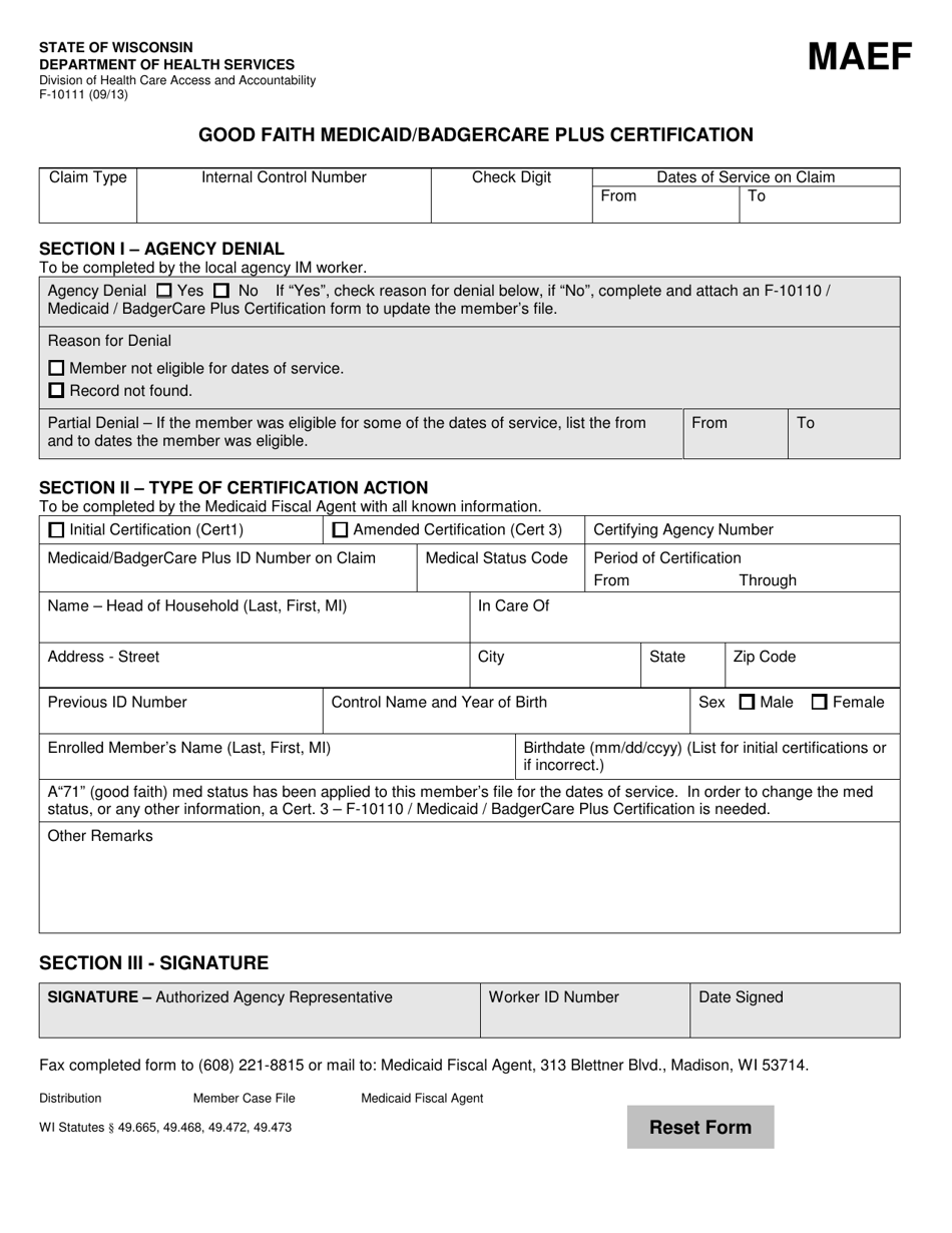 Form F-10111 Good Faith Medicaid / Badgercare Plus Certification - Wisconsin, Page 1