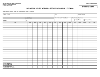 Document preview: Form F-62025 Report of Hours Worked - Registered Nurse/Evening - Wisconsin