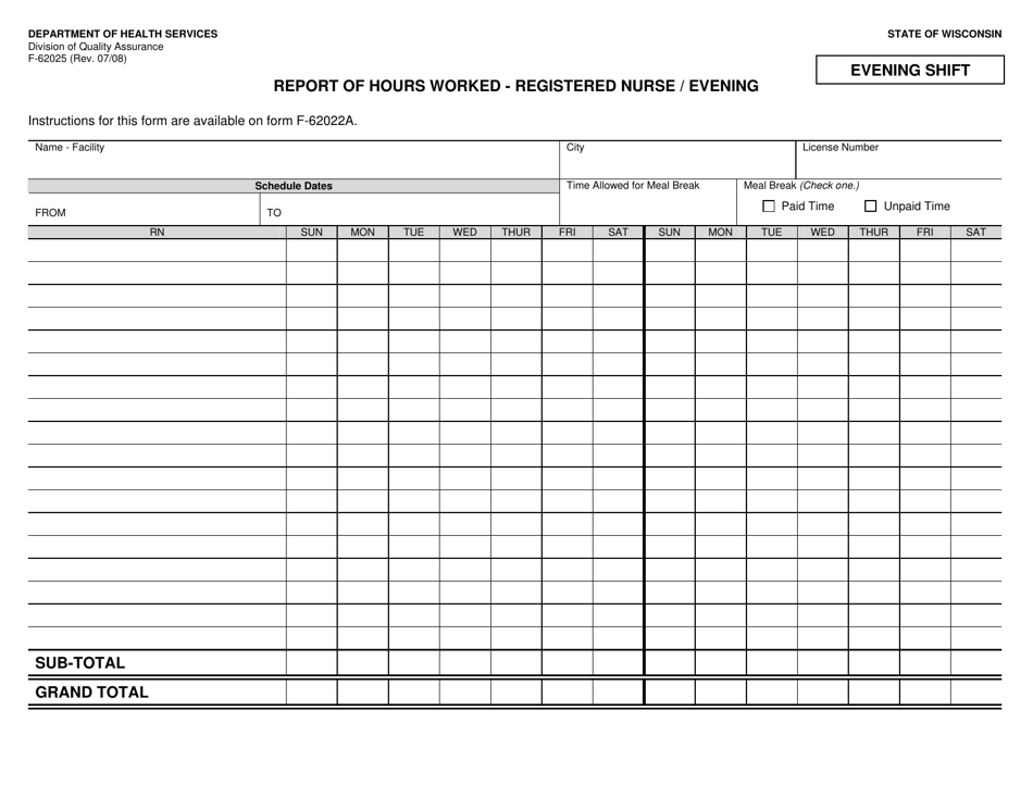 Form F-62025 Report of Hours Worked - Registered Nurse / Evening - Wisconsin, Page 1