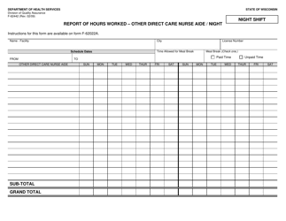Document preview: Form F-62442 Report of Hours Worked - Other Direct Care Nurse Aide/Night - Wisconsin
