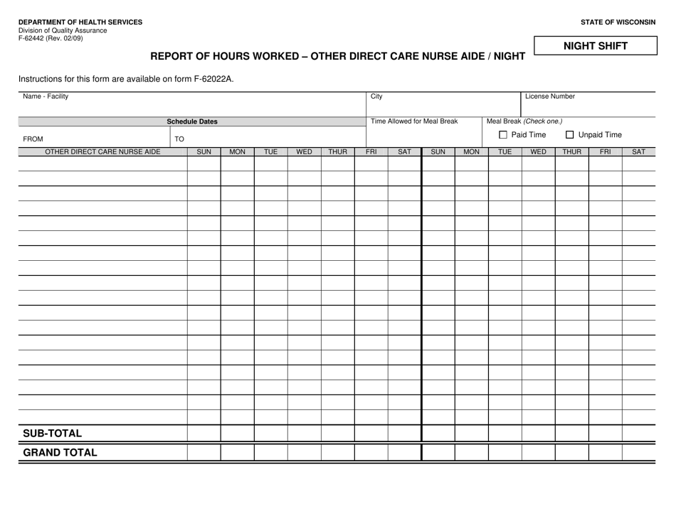Form F-62442 Report of Hours Worked - Other Direct Care Nurse Aide / Night - Wisconsin, Page 1