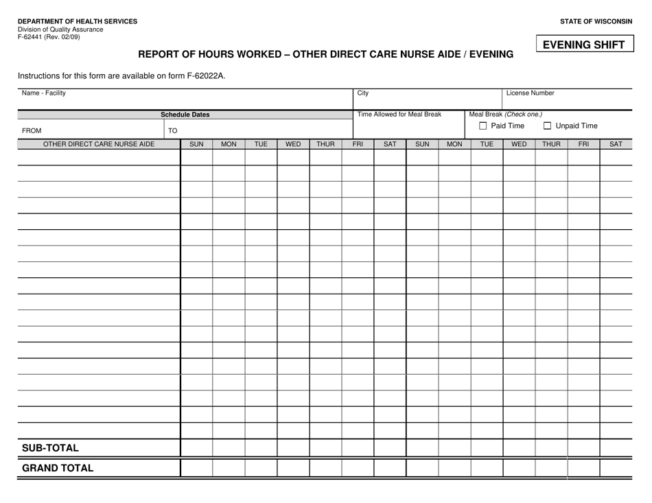 Form F-62441 Report of Hours Worked - Other Direct Care Nurse Aide / Evening - Wisconsin, Page 1