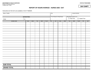 Document preview: Form F-62024 Report of Hours Worked - Nurse Aide/Day - Wisconsin
