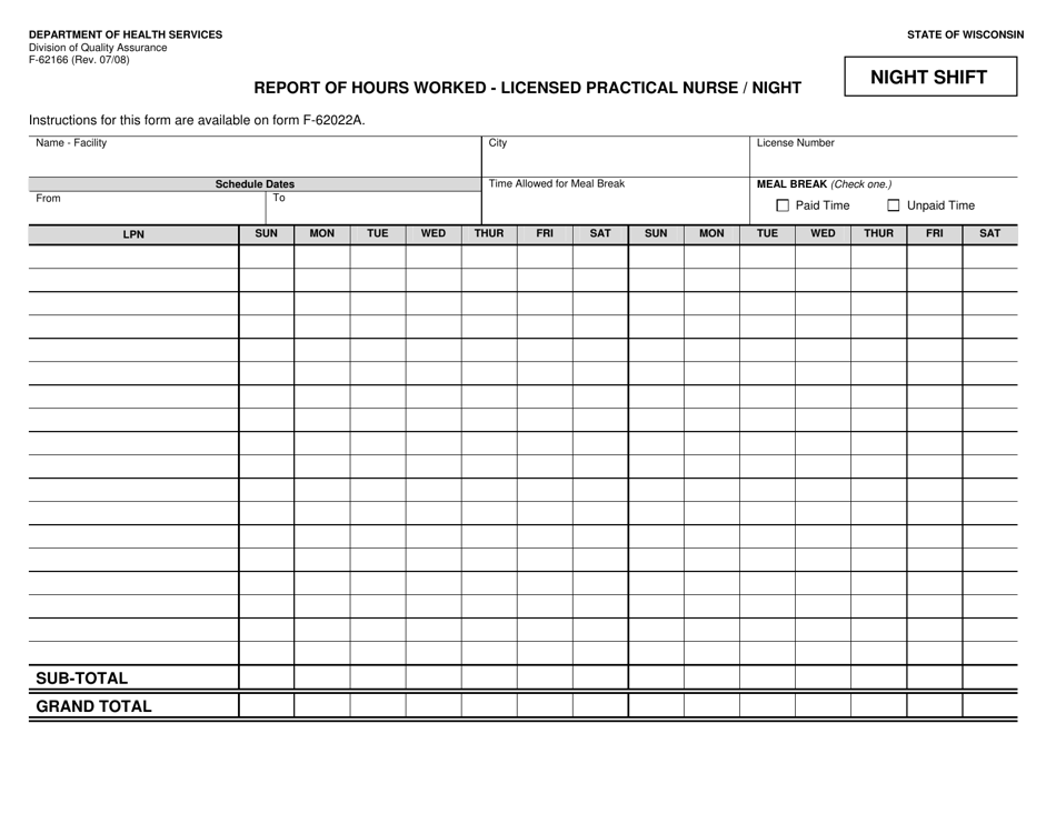 Form F-62166 Report of Hours Worked - Licensed Practical Nurse / Night - Wisconsin, Page 1