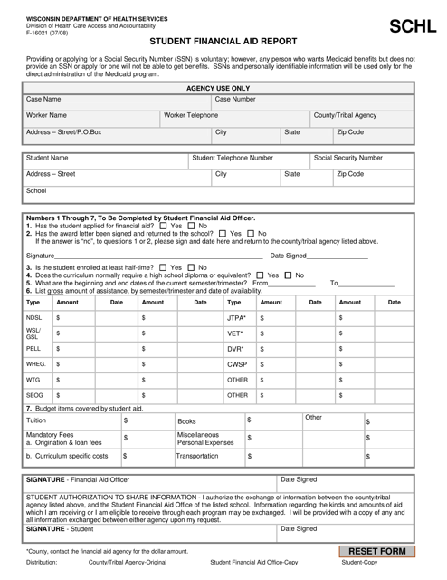 Form F-16021 Student Financial Aid Report - Wisconsin