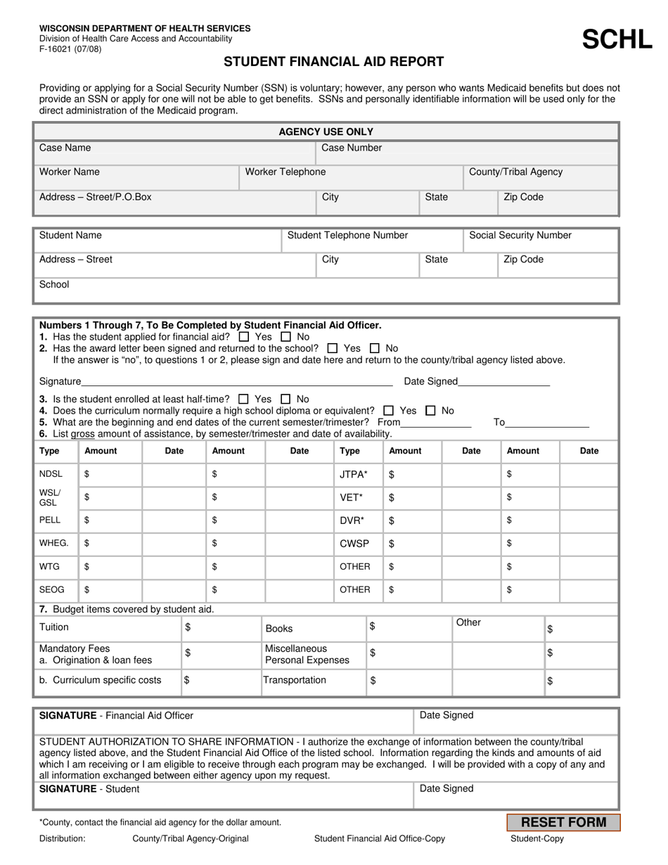 Form F-16021 Student Financial Aid Report - Wisconsin, Page 1