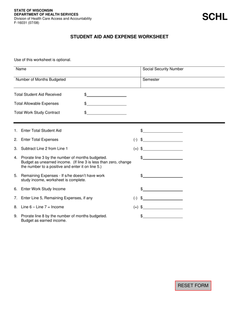 Form F-16031 Student Aid and Expense Worksheet - Wisconsin