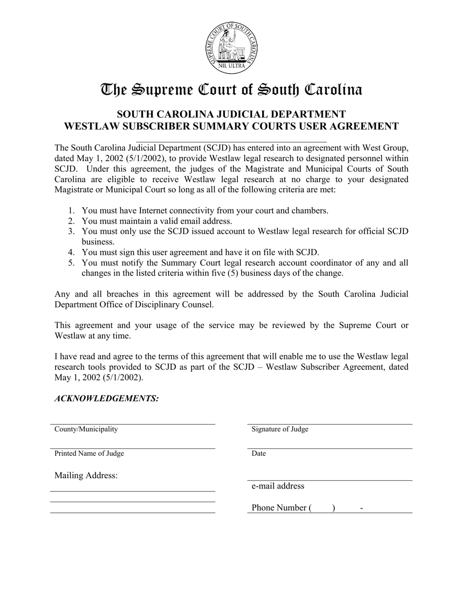 Westlaw Subscriber Summary Courts User Agreement - South Carolina, Page 1