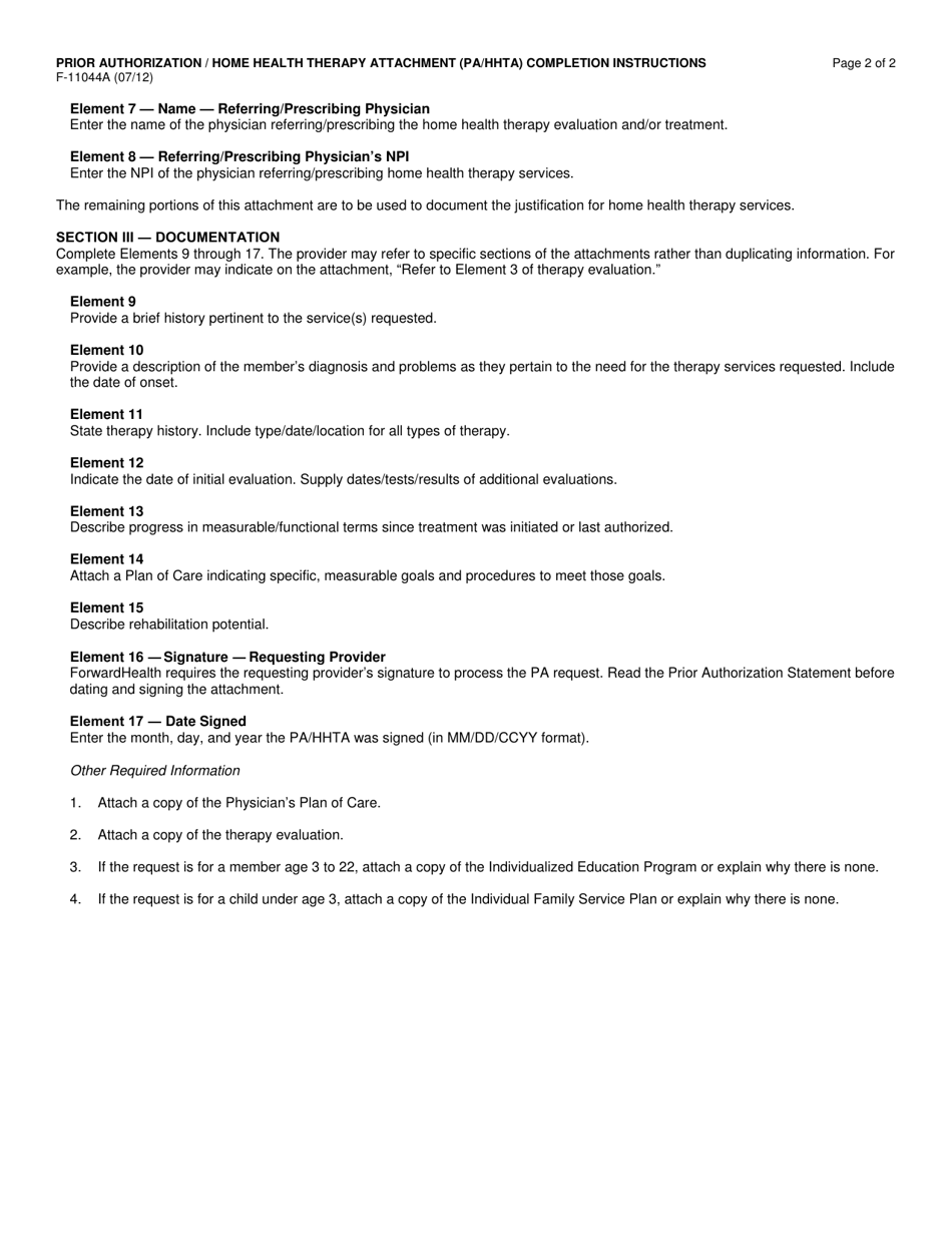 Instructions for Form F-11044 Prior Authorization / Home Health Therapy / Attachment (Pa / Hhta) - Wisconsin, Page 2