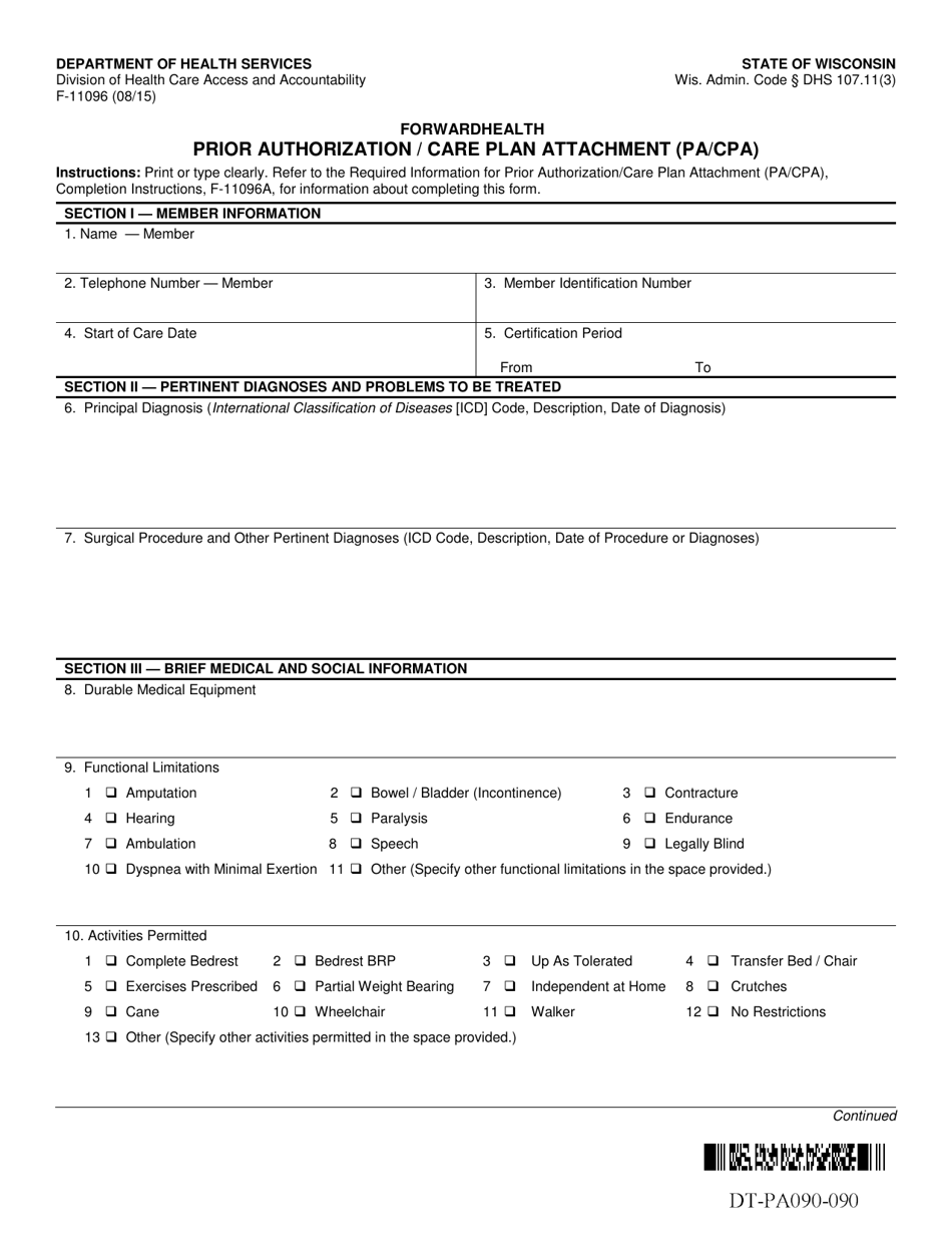 Form F-11096 Prior Authorization / Care Plan Attachment (Pa / CPA) - Wisconsin, Page 1