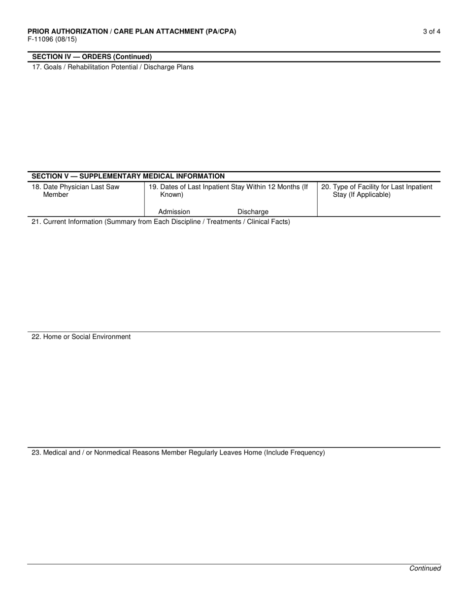 Form F-11096 Prior Authorization / Care Plan Attachment (Pa / CPA) - Wisconsin, Page 3