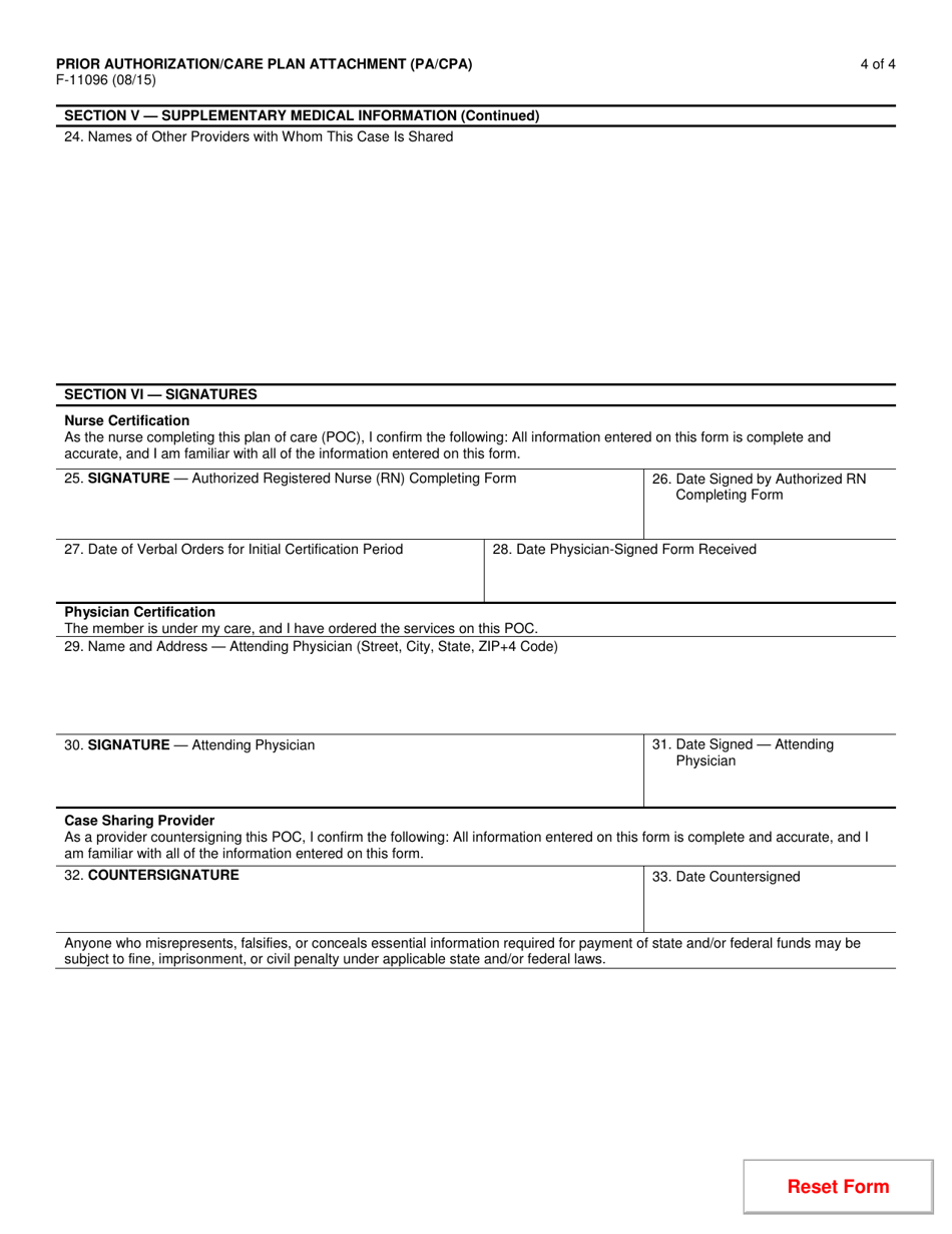 Form F-11096 Prior Authorization / Care Plan Attachment (Pa / CPA) - Wisconsin, Page 4