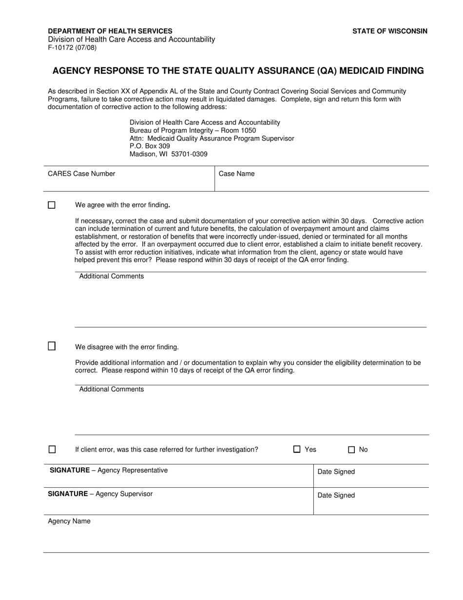 Form F-10172 Agency Response to the State Quality Assurance (Qa) Medicaid Finding - Wisconsin, Page 1