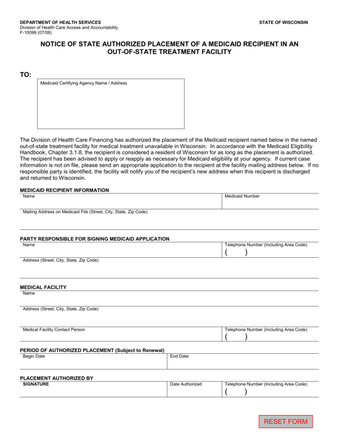 Form F-10099 Notice of State Authorized Placement of a Medicaid Recipient in an Out-of-State Treatment Facility - Wisconsin