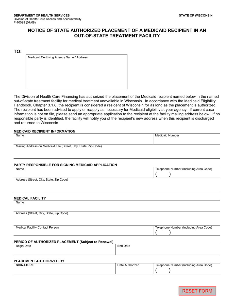Form F-10099 Notice of State Authorized Placement of a Medicaid Recipient in an Out-of-State Treatment Facility - Wisconsin, Page 1