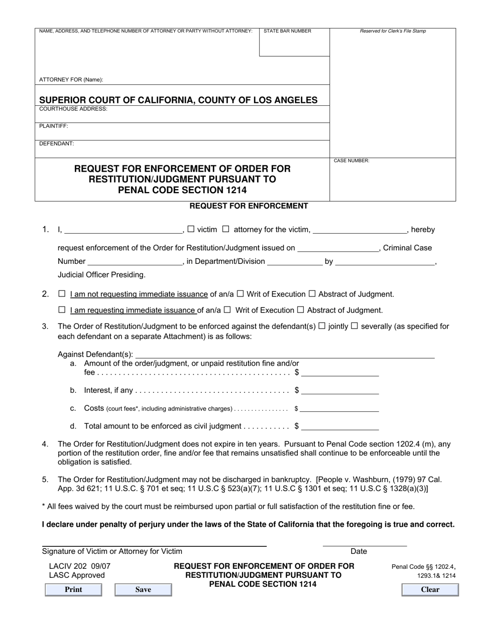 Form LACIV202 Request for Enforcement of Order for Restitution/Judgment Pursuant to Penal Code Section 1214 - County of Los Angeles, California, Page 1