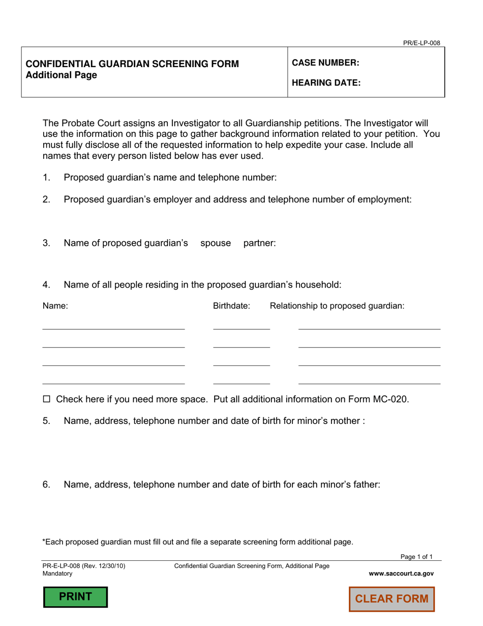 Form PR-E-LP-008 Confidential Guardian Screening Form (Additional Page) - County of Sacramento, California, Page 1