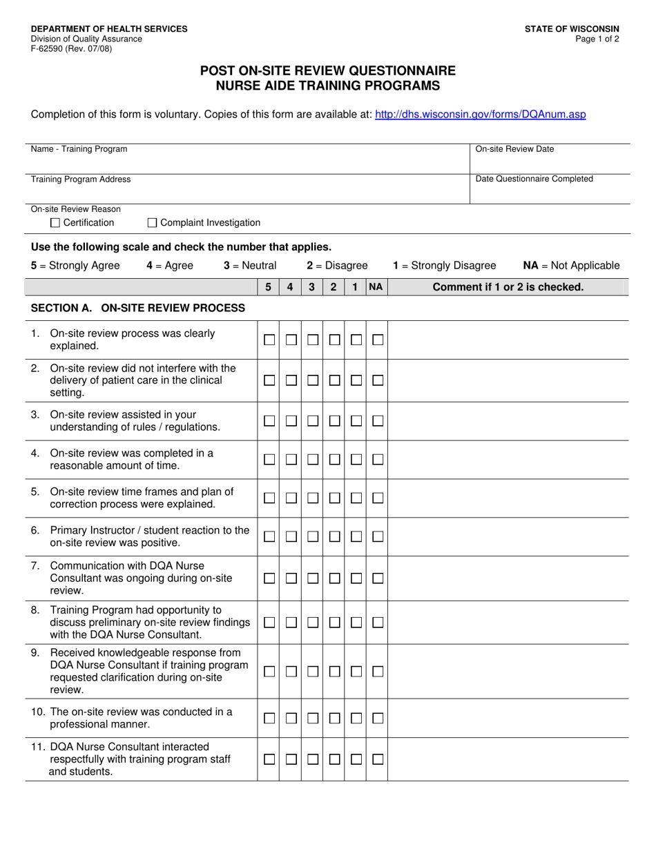 Form F-62590 Post on-Site Review Questionnaire - Nurse Aide Training Programs - Wisconsin, Page 1