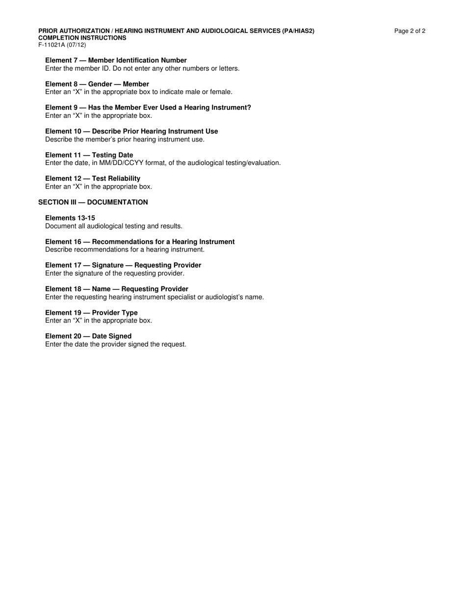 Instructions for Form F-11021 Prior Authorization Request / Hearing Instrument and Audiological Services (Pa / Hias2) - Wisconsin, Page 2
