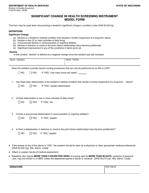 Form F-62370 Significant Change in Health Screening Instrument Model Form - Wisconsin