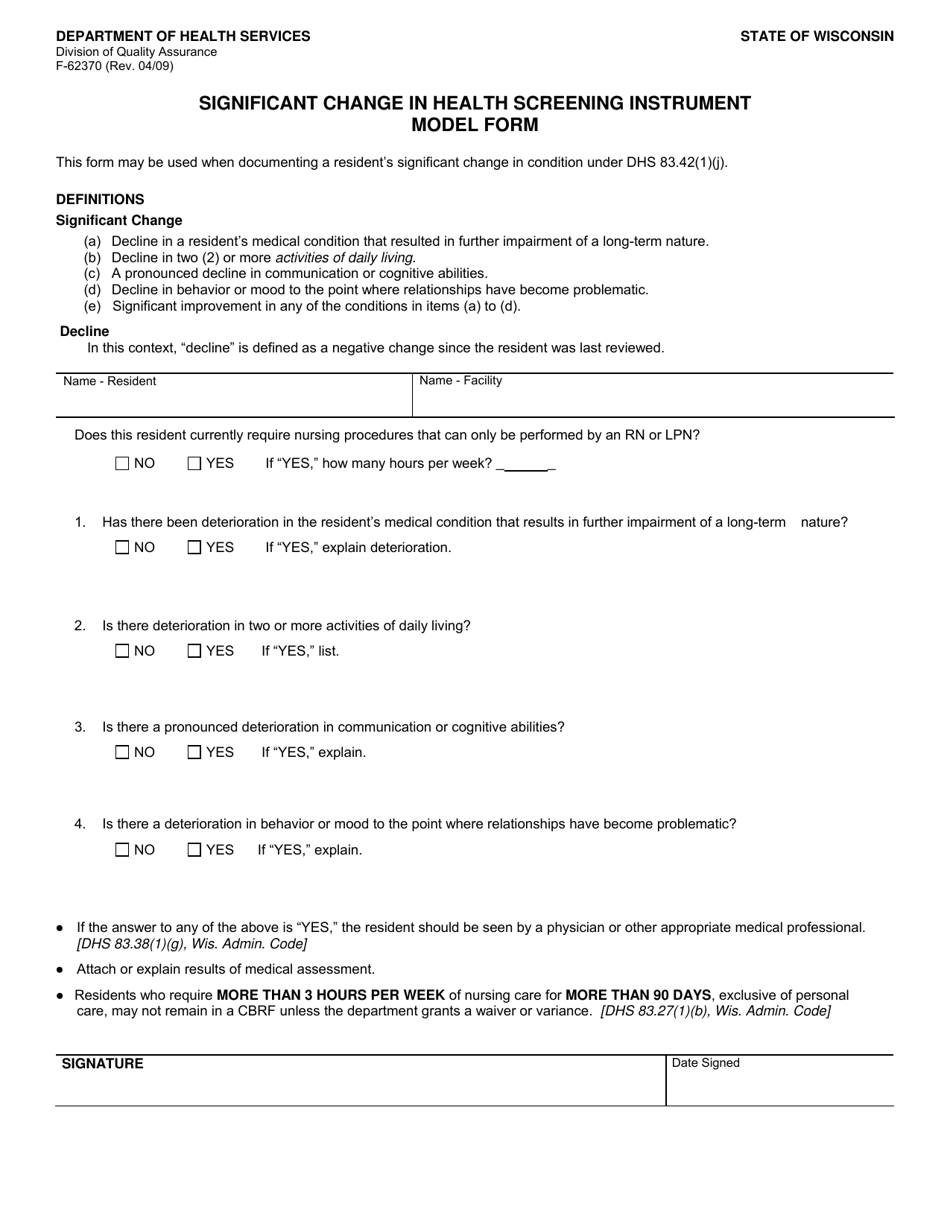 Form F-62370 Significant Change in Health Screening Instrument Model Form - Wisconsin, Page 1