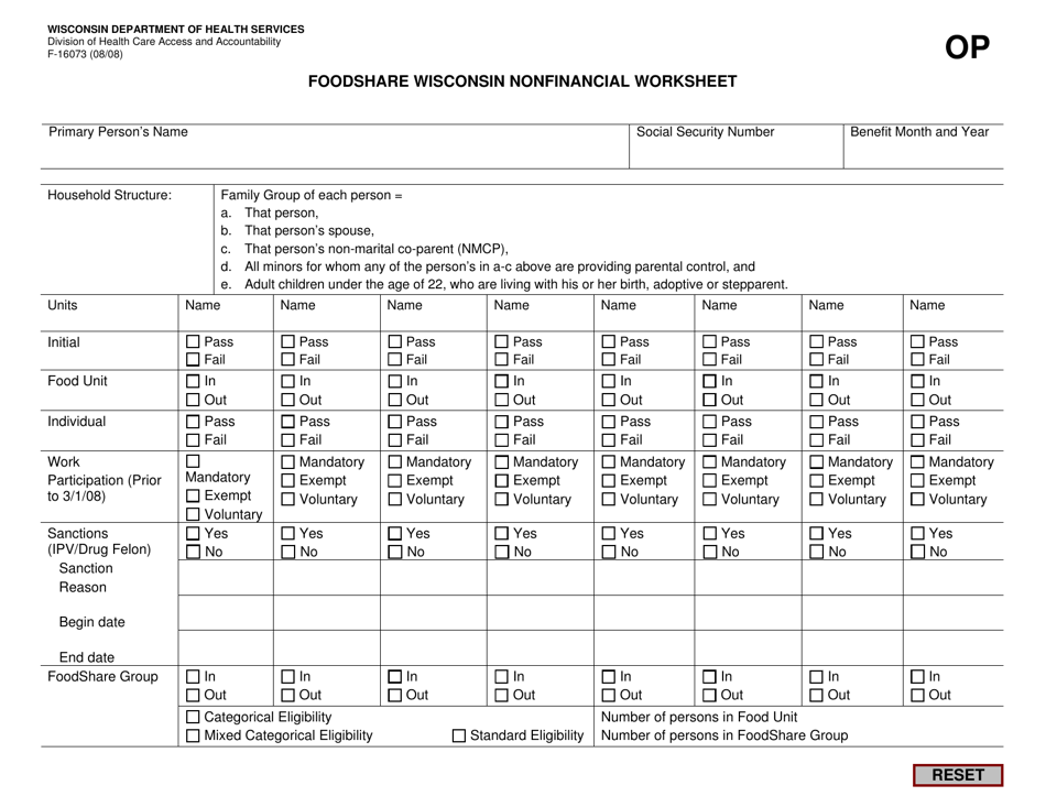 Form F-16073 Foodshare Wisconsin Nonfinancial Worksheet - Wisconsin, Page 1