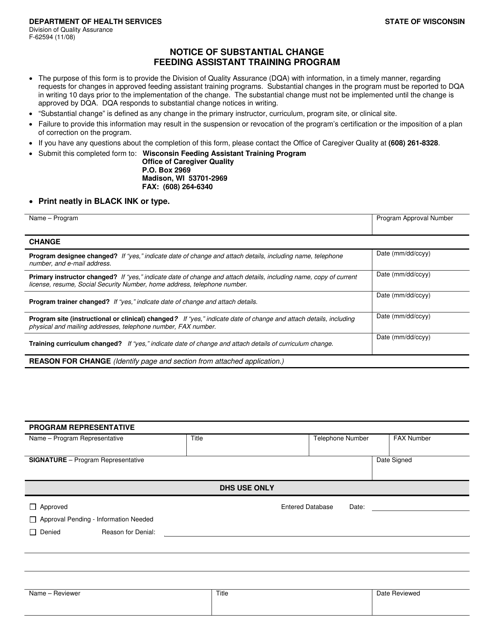 Form F-62594 Notice of Substantial Change - Feeding Assistant Training Program - Wisconsin