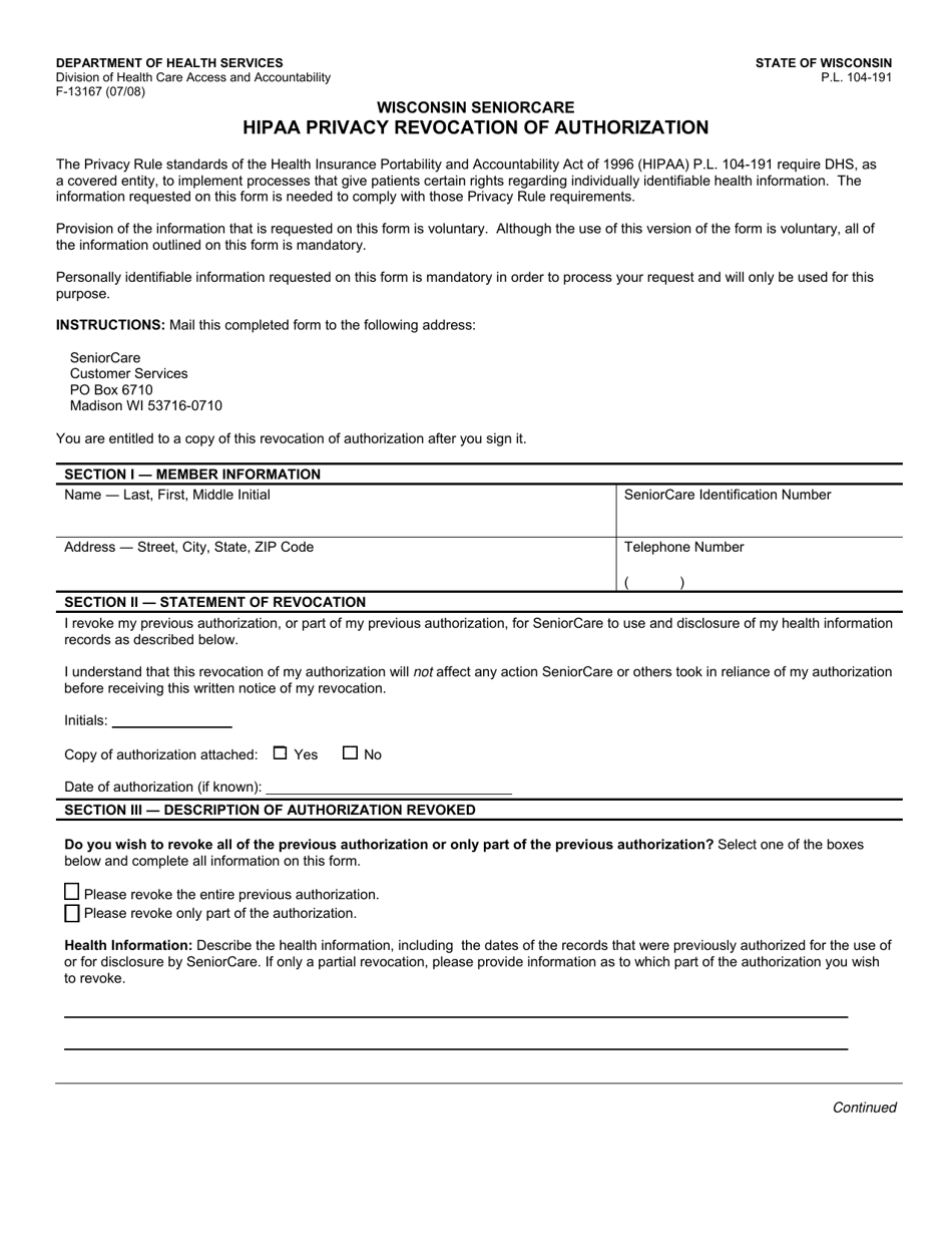Form F-13167 HIPAA Privacy Revocation of Authorization - Wisconsin Seniorcare - Wisconsin, Page 1