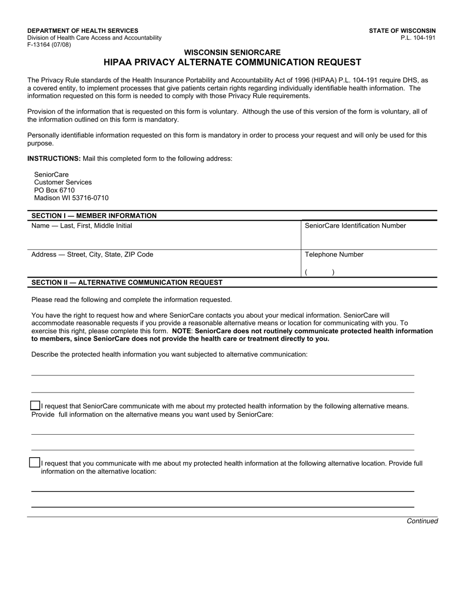 Form F-13164 Wisconsin Seniorcare HIPAA Privacy Alternate Communication Request - Wisconsin, Page 1