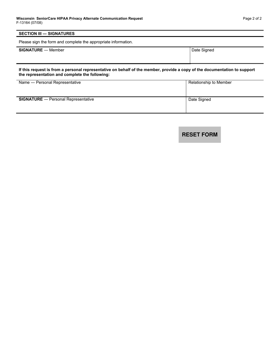 Form F-13164 Wisconsin Seniorcare HIPAA Privacy Alternate Communication Request - Wisconsin, Page 2