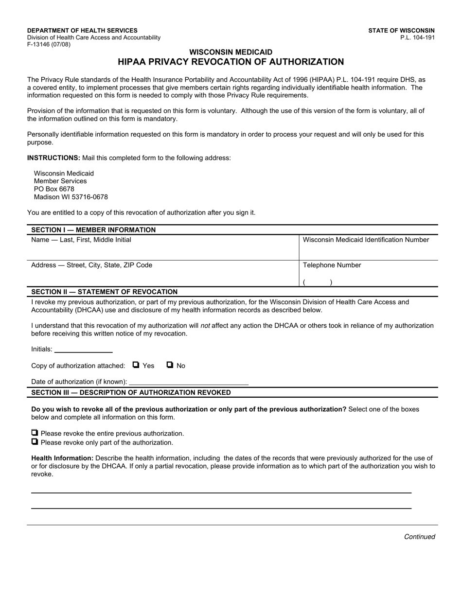 Form F-13146 HIPAA Privacy Revocation of Authorization - Wisconsin, Page 1