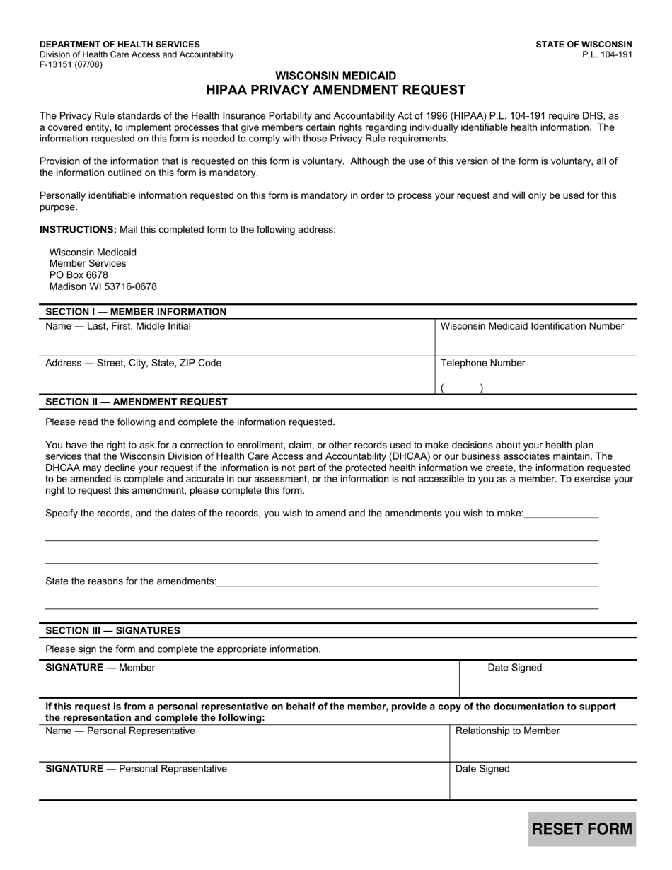 Form F-13151 HIPAA Privacy Amendment Request - Wisconsin, Page 1