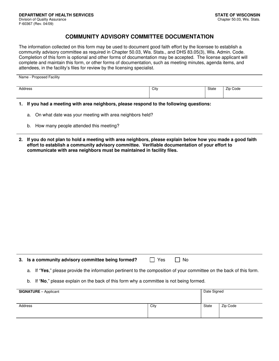 Form F-60367 Community Advisory Committee Documentation - Wisconsin, Page 1