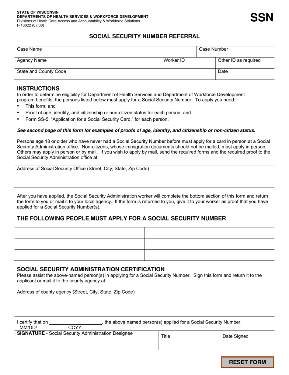 Form F-16022 Social Security Number Referral - Wisconsin, Page 1