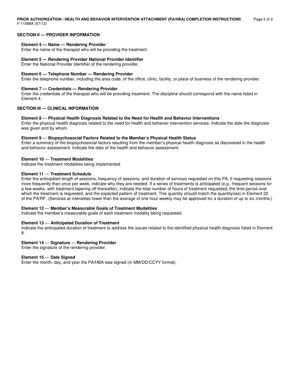 Instructions for Form F-11088 Prior Authorization / Health and Behavior Intervention Attachment (Pa / Hba) - Wisconsin, Page 2