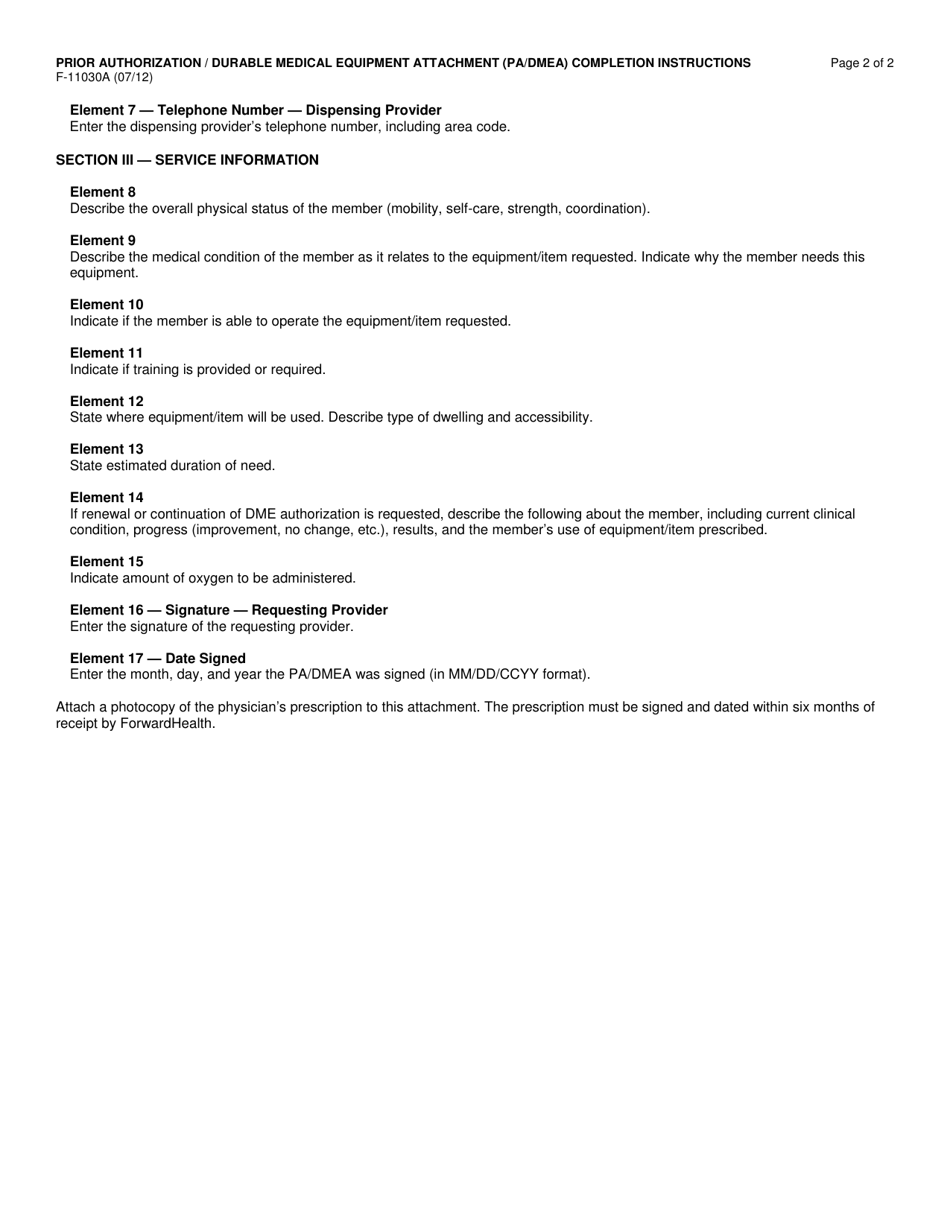 Instructions for Form F-11030 Prior Authorization / Durable Medical Equipment Attachment (Pa / Dmea) - Wisconsin, Page 2