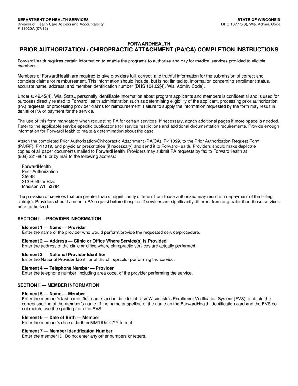 Instructions for Form F-11029 Prior Authorization / Chiropractic Attachment (Pa / Ca) - Wisconsin, Page 1