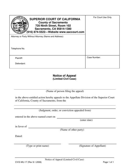 Form CV E-MU-17 Notice of Appeal (Limited Civil Case) - County of Sacramento, California