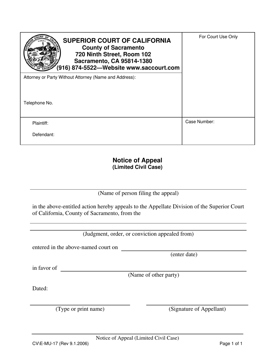 Form CV E-MU-17 Notice of Appeal (Limited Civil Case) - County of Sacramento, California, Page 1