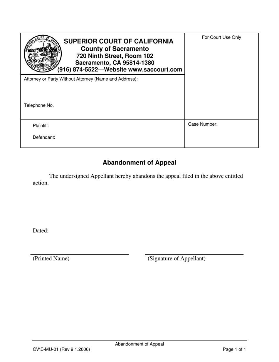 Form CV E-MU-01 Abandonment of Appeal - County of Sacramento, California, Page 1