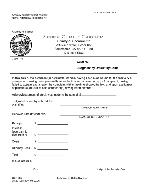 Form CV/E-122 Post Judgment - Judgment by Default by Court - County of Sacramento, California