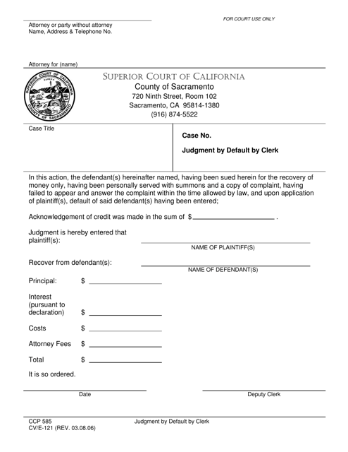 Form CV/E-121 Post Judgment - Judgment by Default by Clerk - County of Sacramento, California