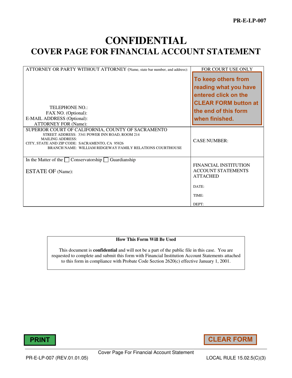 Form PR-E-LP-007 Confidential Cover Page for Financial Account Statement - County of Sacramento, California, Page 1