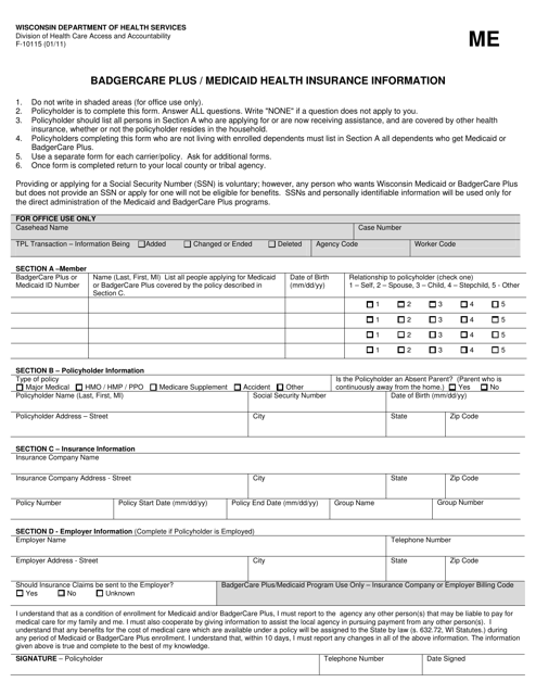 Form F-10115 Badgercare Plus/Medicaid Health Insurance Information - Wisconsin