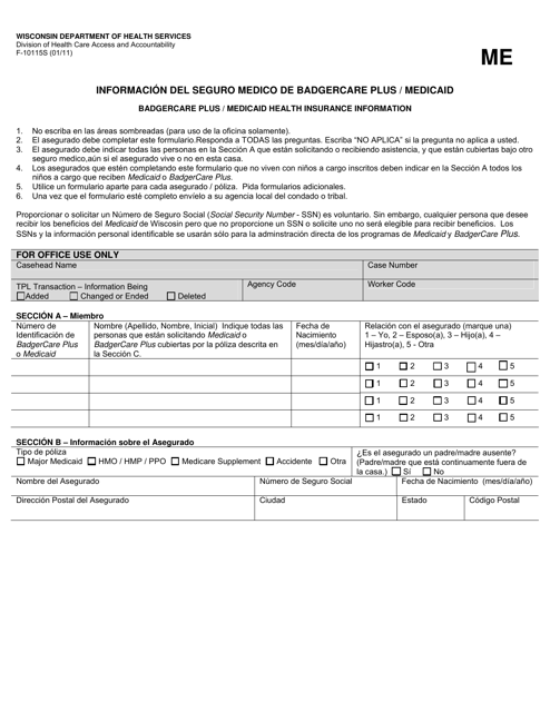 Formulario F-10115 Informacion Del Seguro Medico De Badgercare Plus/Medicaid - Wisconsin (Spanish)