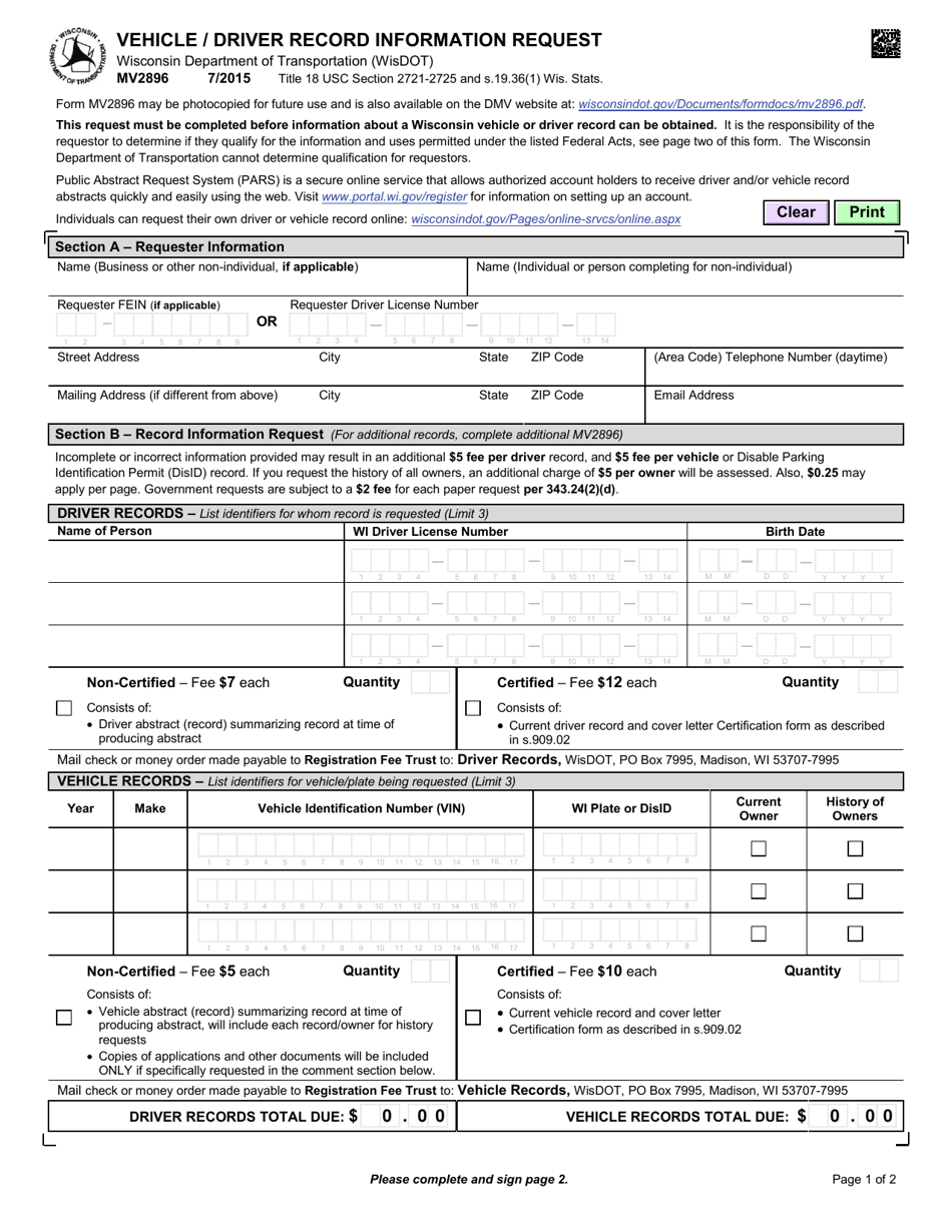Form MV2896 Vehicle / Driver Record Information Request - Wisconsin, Page 1