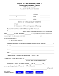 USCA Form 52 &quot;Motion of Official Court Reporter for Enlargement of Time for Preparation of Transcript&quot; - Washington, D.C.