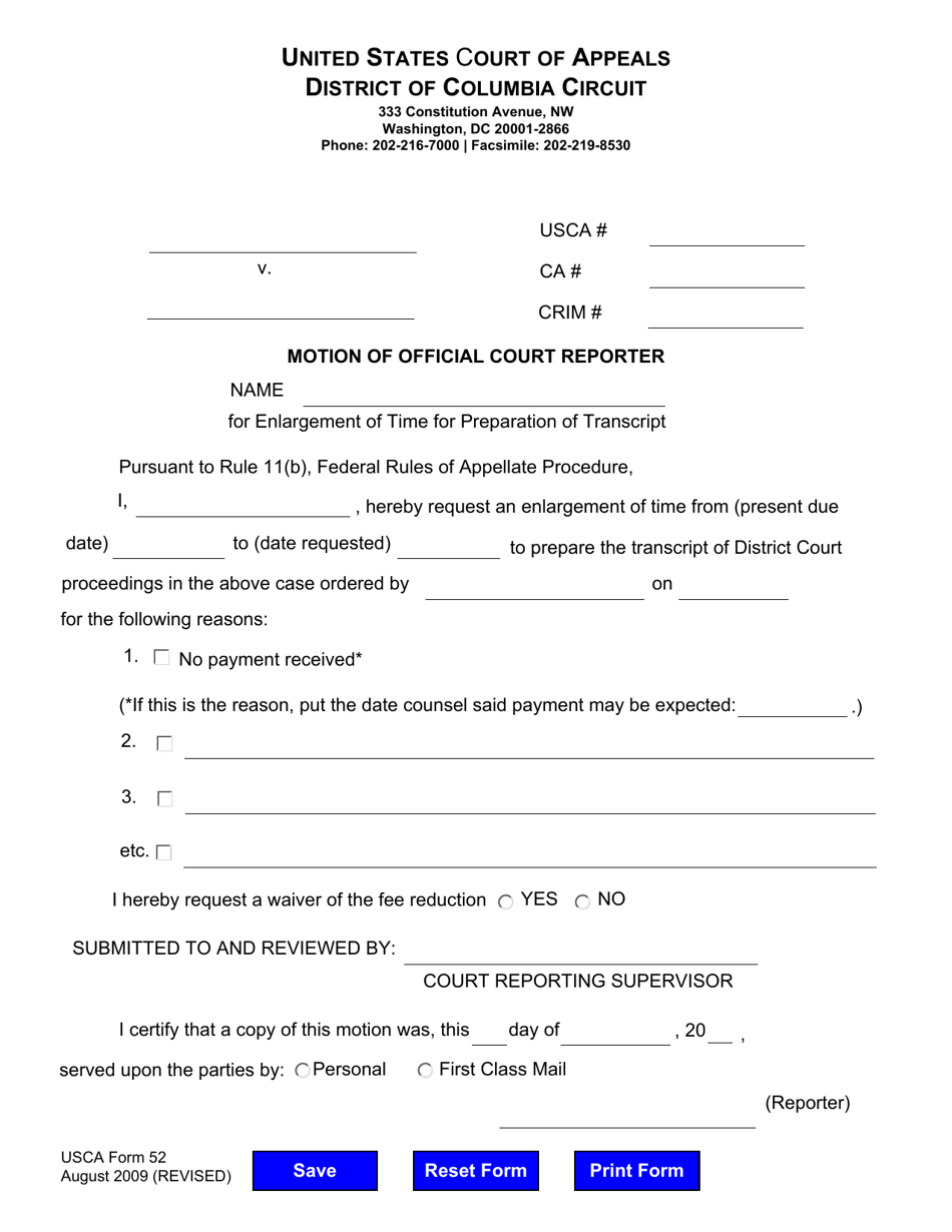 USCA Form 52 Motion of Official Court Reporter for Enlargement of Time for Preparation of Transcript - Washington, D.C., Page 1
