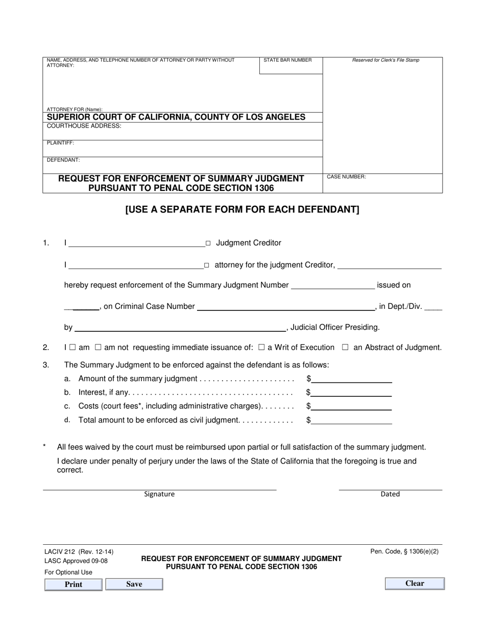 Form LACIV212 Request for Enforcement of Summary Judgment Pursuant to Penal Code Section 1306 - County of Los Angeles, California, Page 1
